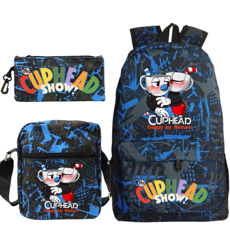 Cartoon Teacup Head Cuphead Student School Bag Backpack Three-piece Set Children's Shoulder Bag Pencil Bag