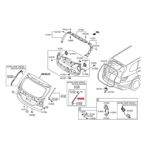 Electric Tailgate Lift Support for 13-16 Hyundai Santa Fe, Right Support Rod (Part No. 81780B8100).