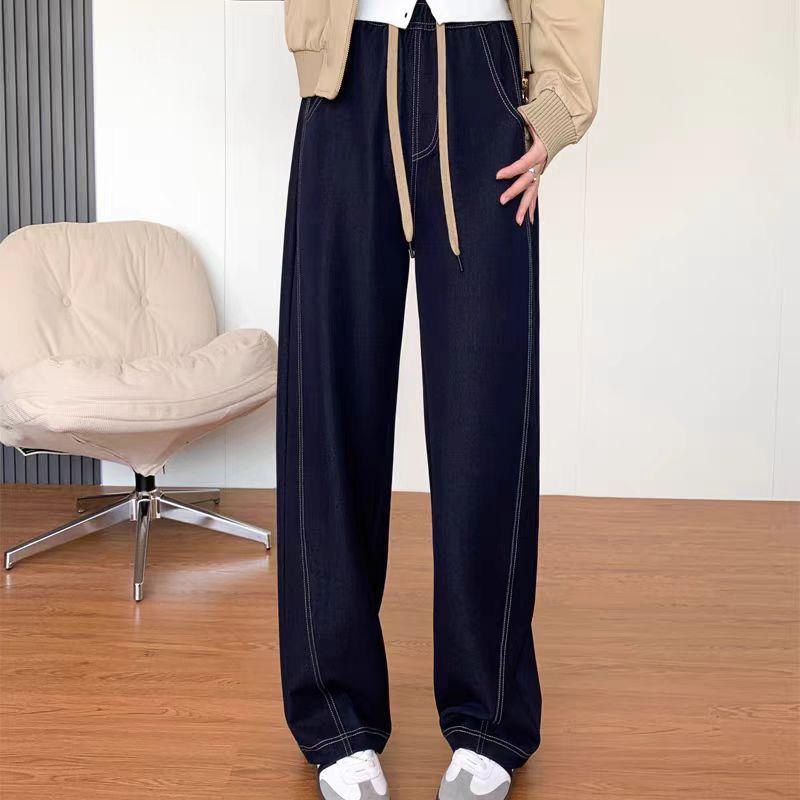 

Женские темно-синие джинсовые брюки-шаровары - Эластичная высокая талия, Свободные, Стройнящие широкие штанины, Весна/Осень 2025. L (57.5-65 kg)