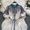 Summer Women Plus Size Turn-down Collar Lantern Sleeve Vintage Print Shirt Loose Lace-up Dresses