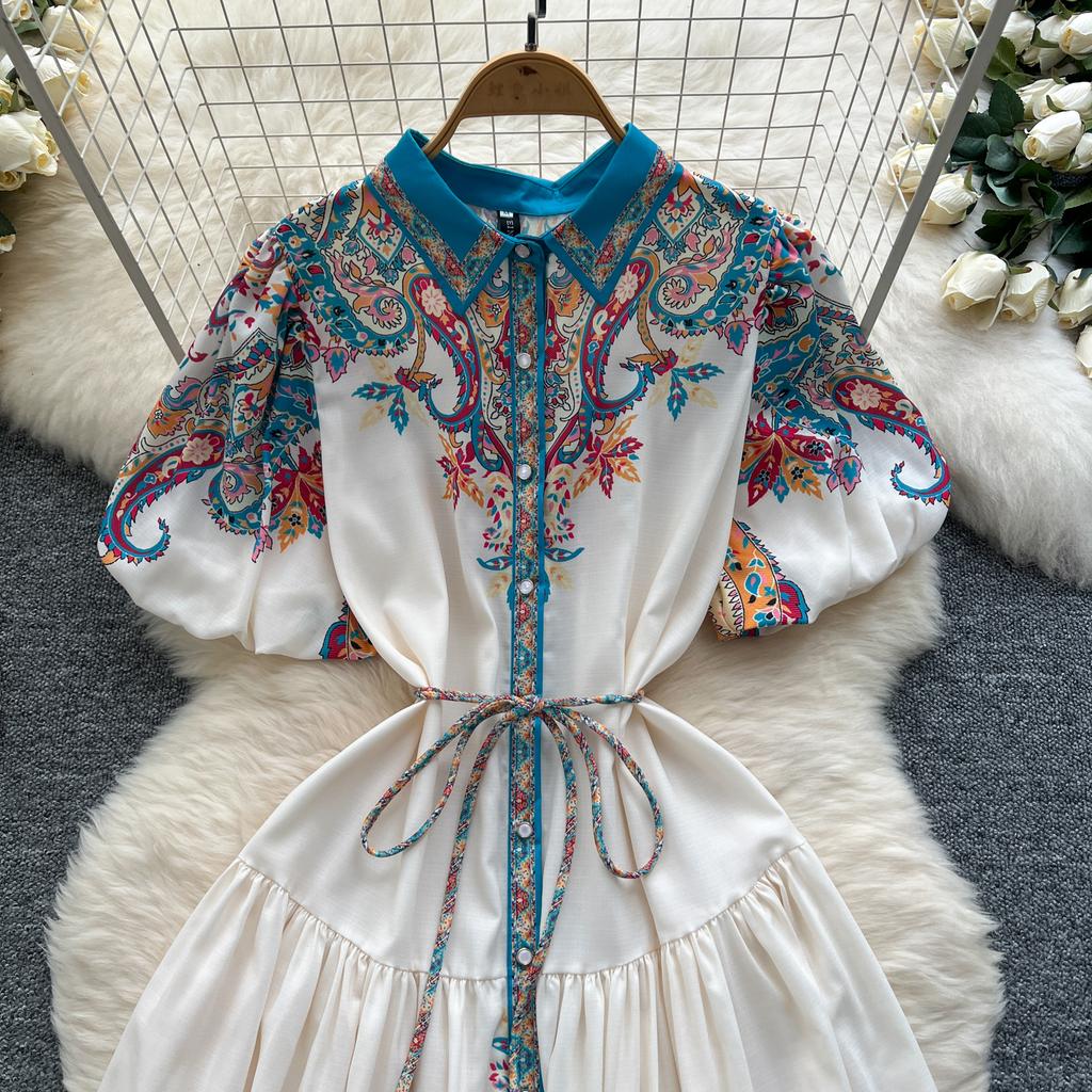 Summer Women Plus Size Turn-down Collar Lantern Sleeve Vintage Print Shirt Loose Lace-up Dresses