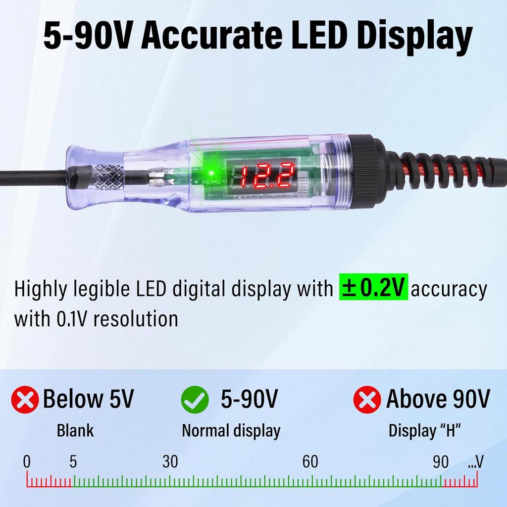 Test Light Automotive, 5-90V DC Test Light With Voltmeter, Bidirectional Car Fuse Tester With Voltage Display, Digital LED Circuit Tester With