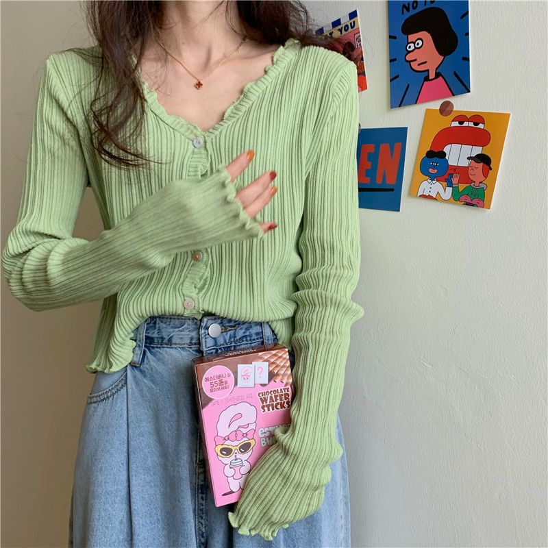 

Весенне-осенний кардиган с защитой от солнца, женский, в корейском стиле, универсальный, с оборками, с коротким или длинным рукавом, вязаный, тонкий плащ one size