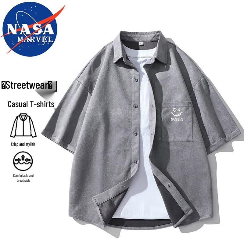 NASA MARVEL Men's Suede Casual Short-Sleeve Shirt