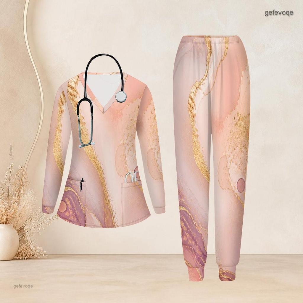 Women Plus Size Pink Printed Nurse Scrub Set V Neck Long Sleeve Pocket Top And Long Pants