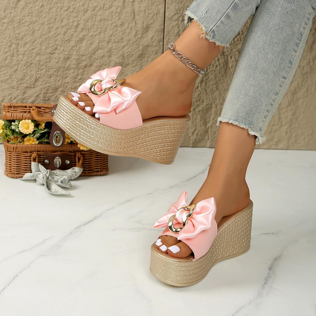 Fashion Aphixta Gold Sole 9cm Wedge Heels Slippers Bow Metal Decoration Mulers High Heels Platform Sandals Clog Shoe Slides Plus Size 43