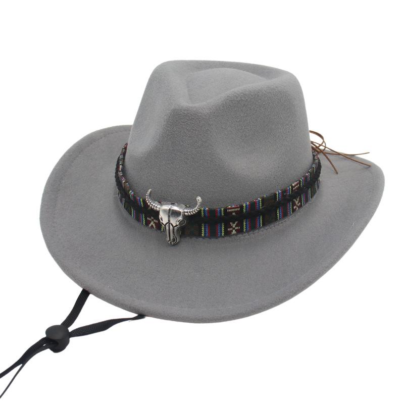 Metal Bull Head Tibetan Ethnic Style Top Hat Windbreak Rope Western Cowboy Jazz Top Hat European And American Felt Hat
