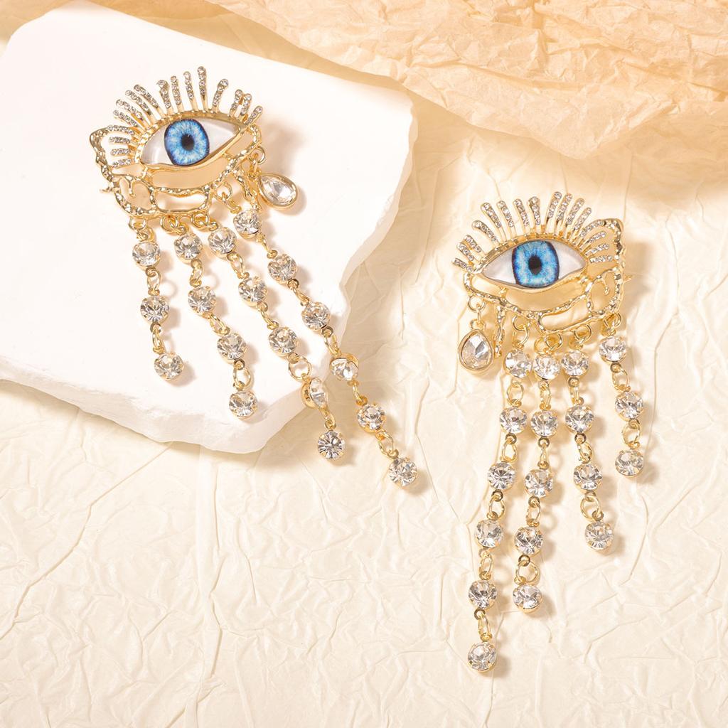 Europäische und amerikanische Mode, übertrieben und exquisit, schwere Legierung, lange Strass-Quasten, Teufelsauge, Ohrringe, vielseitig und hochwertig