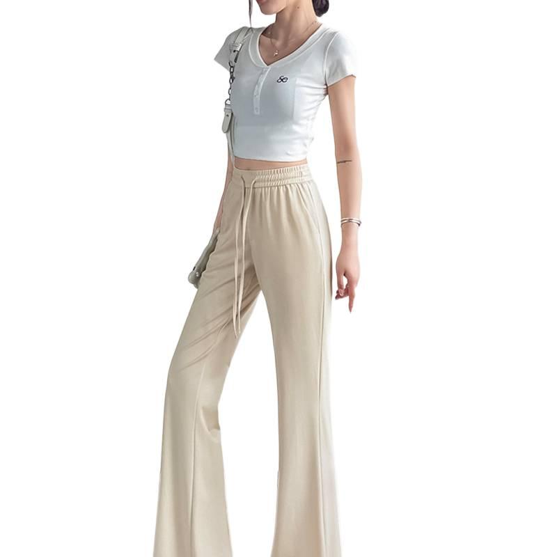

Black Ice Silk Flared Pants Summer New Large Size Plus Size Loose Casual Pants Thin Breathable Cool Pants for Women 5XL абрикосовый