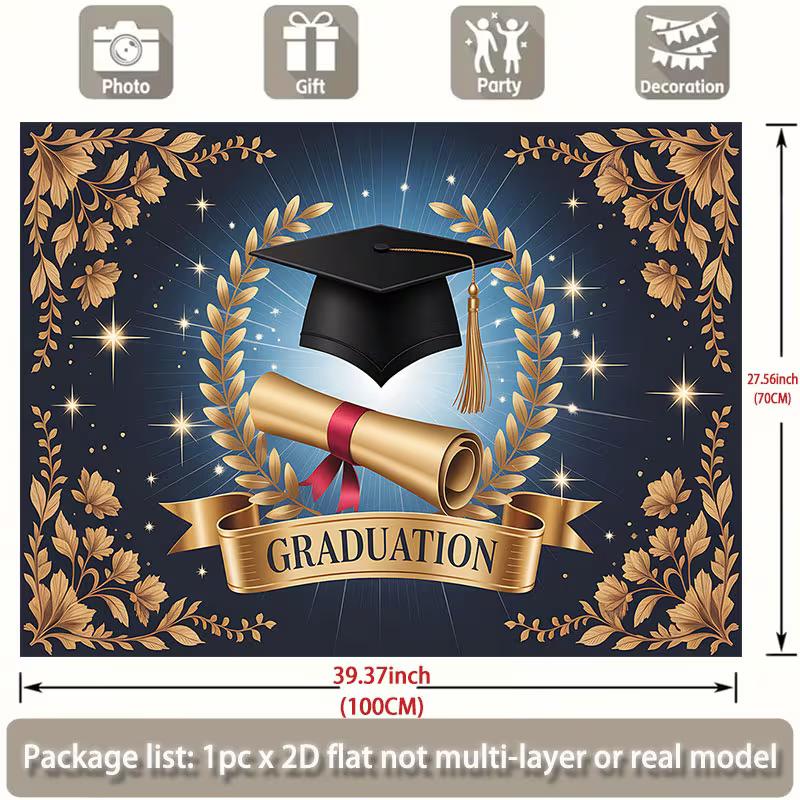 Elegant Graduation Backdrop, Regal Blue and Gold Design with Cap, Diploma and Laurels, Festive Commencement Wall Decor