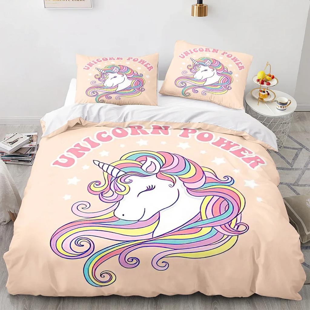 Cartoon Unicorn Duvet Cover King Queen Lovely White Mythical Animal Bedding Set Kids Girl Colorful Rainbow Polyester Quilt Cover Tool