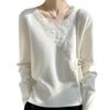 French Chic Lace Base V-Neck Velvet Sweater - Women's Long Sleeve Knitted Top