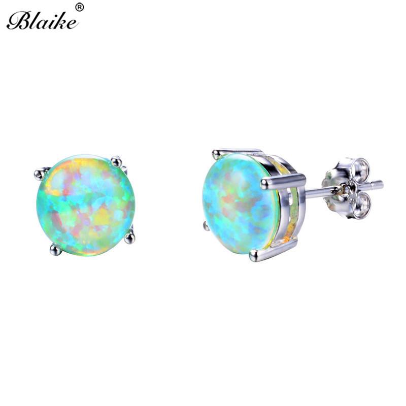 Luxury Jewelry Exquisite 6MM Round White Blue Green Fire Opal Stud Earrings For Women Silver Color Wedding Party Jewelry Gifts