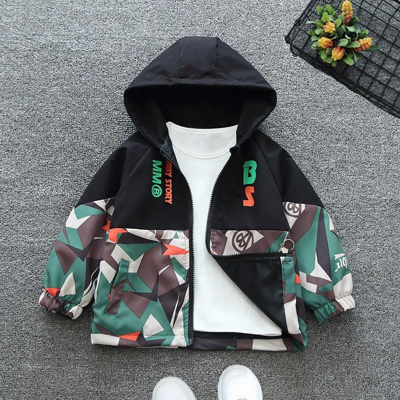 Boys Autumn Hooded Jackets Spring Kids Zipper Thin Windbreaker Coat Casual Print Girls Outerwear Children Trench Clothing 2-8Y