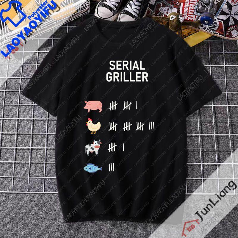 Serial Griller Lustiges BBQ Grafik T-Shirt Retro Grill-Liebhaber Streetwear Tee Grillen für Unisex Damen Sommer Kurzarm-T-Shirt