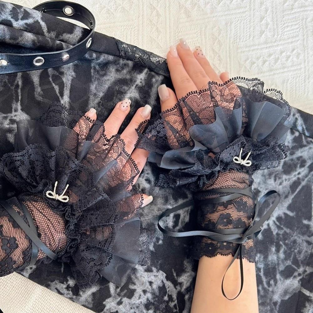 Flare Style Lace Wrist Cuffs Silk Ribbon Flare Cuffs Vintage Ruffles Gloves  Girl