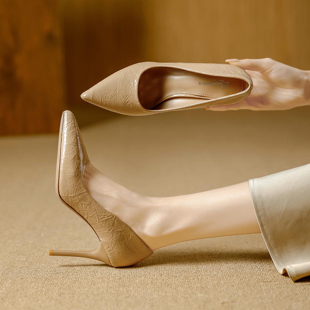 stiletto high heels 2026 spring solid color soft leather pointed commuter work shoes foot cover light mouth single shoes