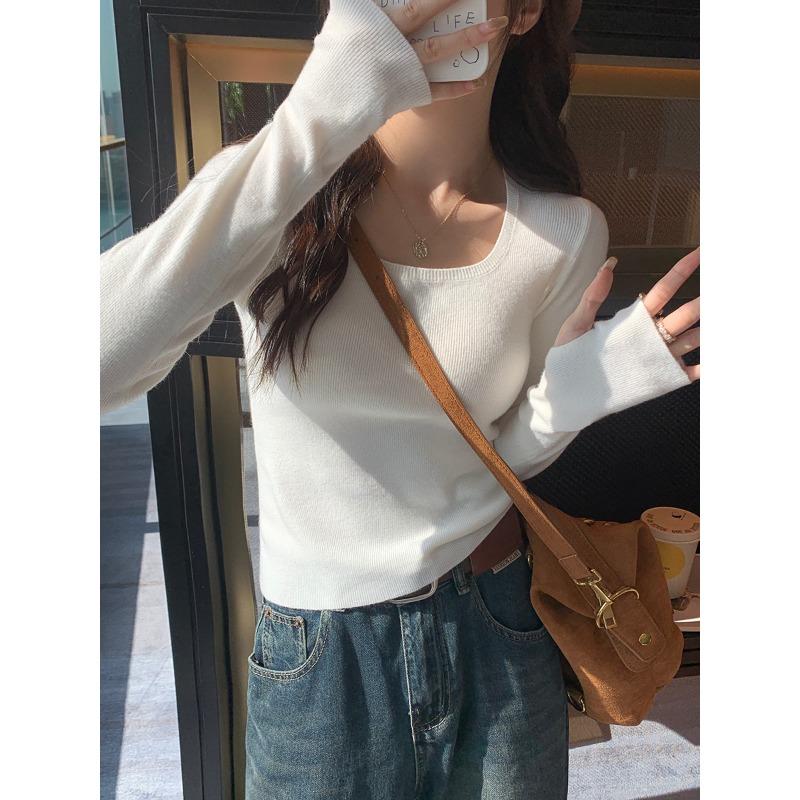 Square neck bottoming shirt, long-sleeved top in early winter, female slim-fitting and thin, small short knitted sweater