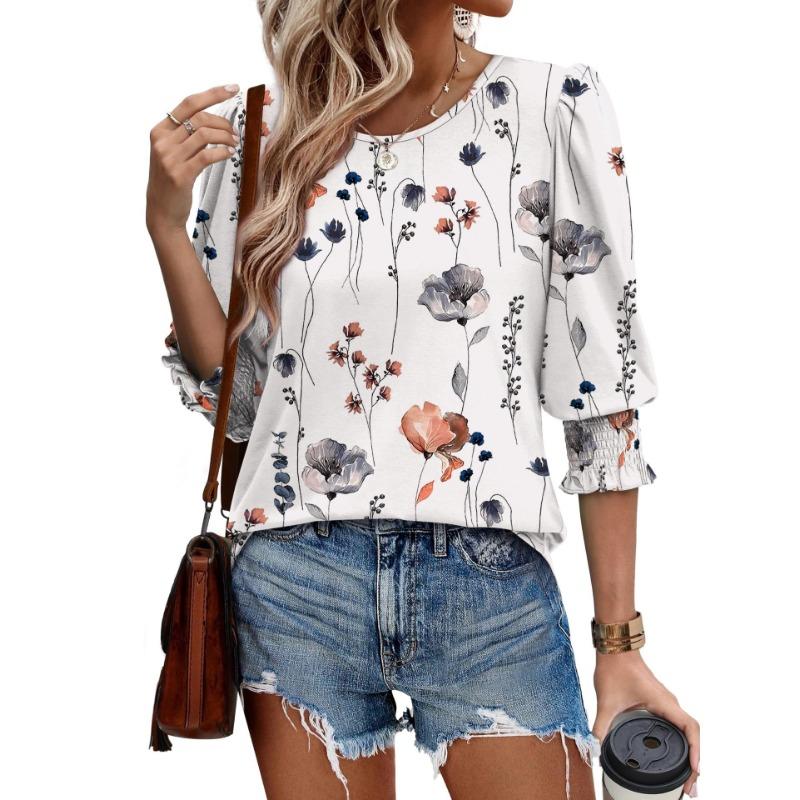 

Женские осенние топы свободного кроя, повседневные, с принтом, рукав три четверти, футболка с круглым вырезом, модные футболки для работы XXXL