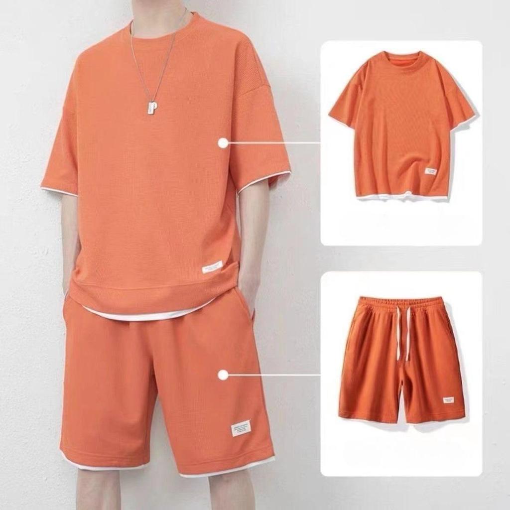 Men Waffle Summer Round Neck T-shirt Shorts Two-piece Men's Suit Comfortable Thin Fake Two-piece Short-sleeved Suit