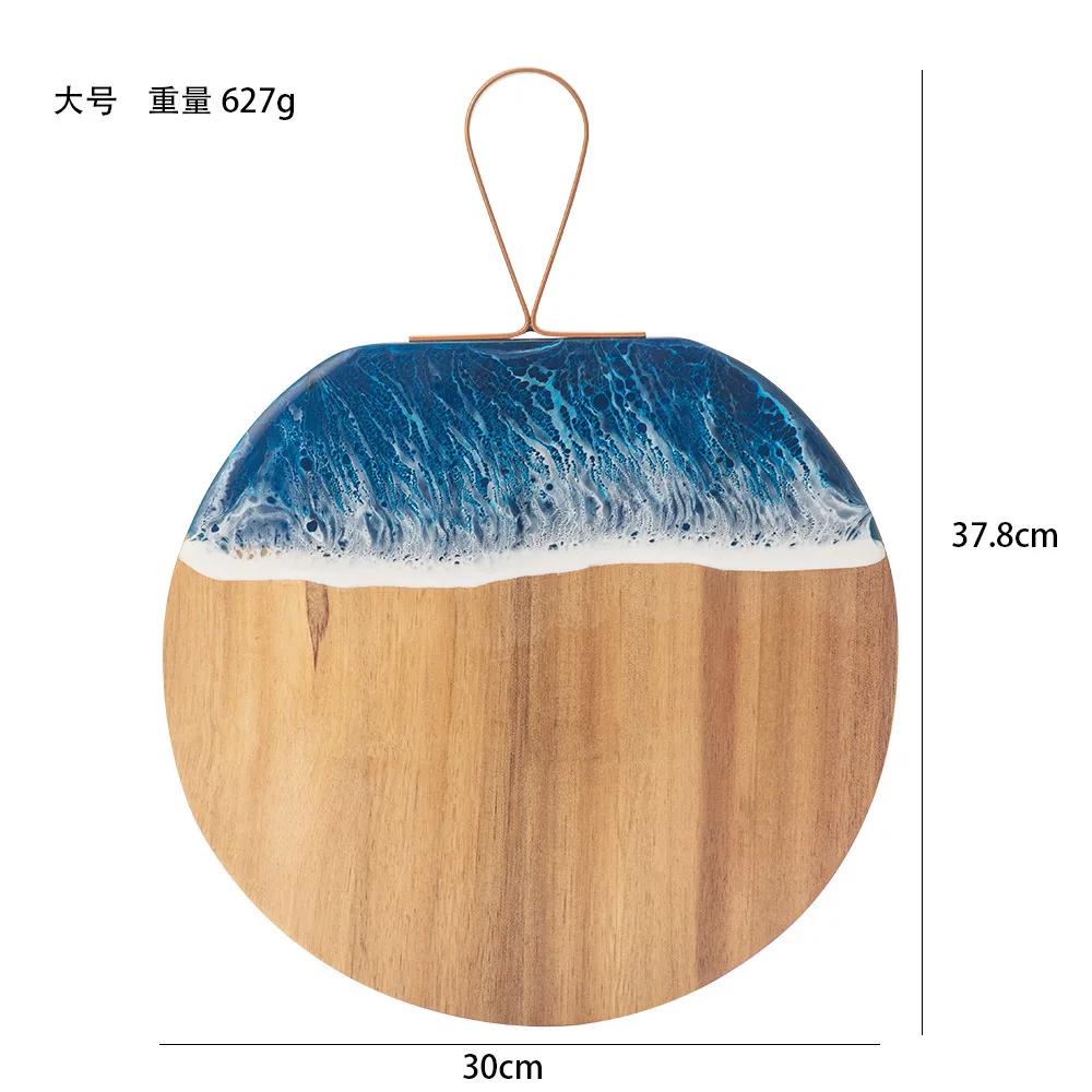 Wood and Resin Cutting Board Blue Ocean Wave Charcuterie Boards for Meat Round Epoxy Resin Wood Chopping Board Bread Cheese Tray