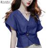 ZANZEA Women Casual V-Neck Loose Summer Short Sleeve Blouse