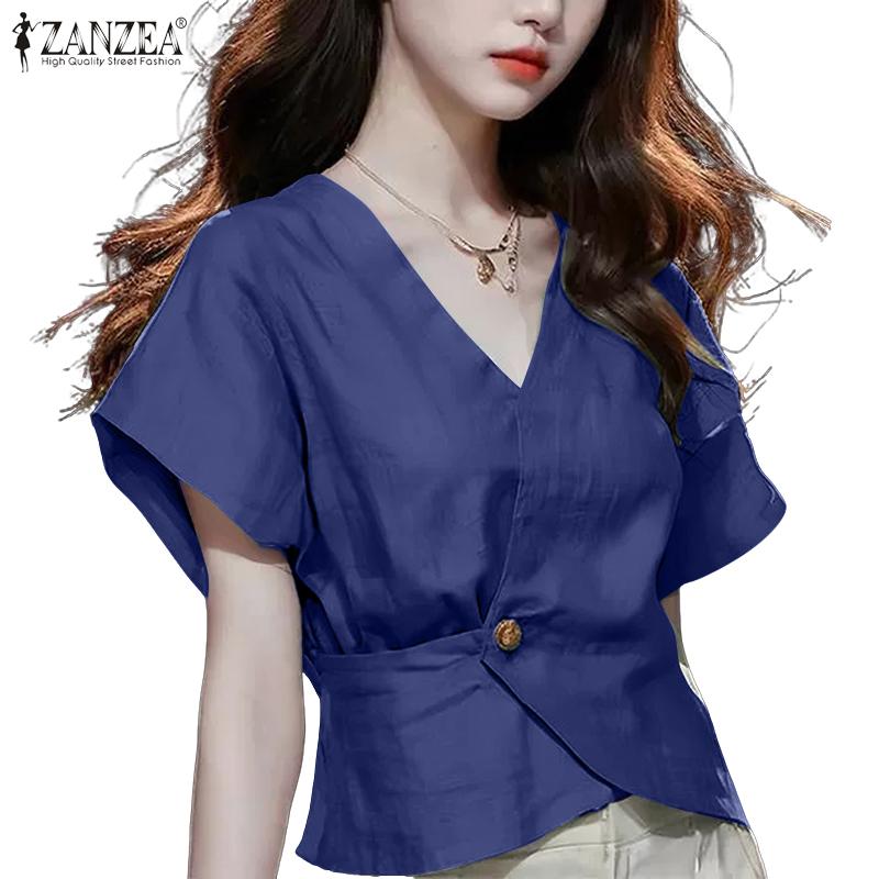 ZANZEA Women Casual V-Neck Loose Summer Short Sleeve Blouse
