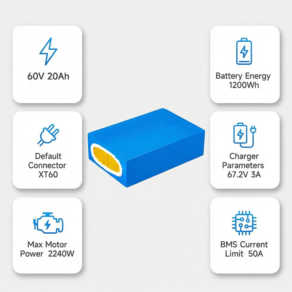 German Stock 60V 20Ah Blue Rectangular Lithium Battery with 2600mAh 16s7p China Cells, 50A BMS & 3A XT60 Plug
