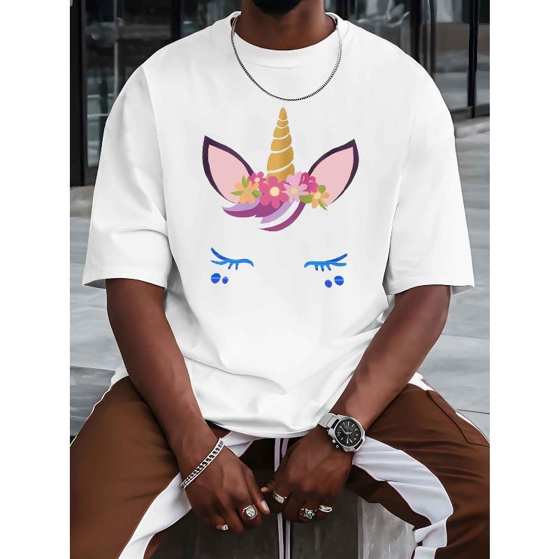 European Size Men's Breathable Polyester-Spandex T-Shirt with Shy Unicorn Print, Short Sleeves, Round Neck - Casual Summer Top for Beach ,Resort Wear
