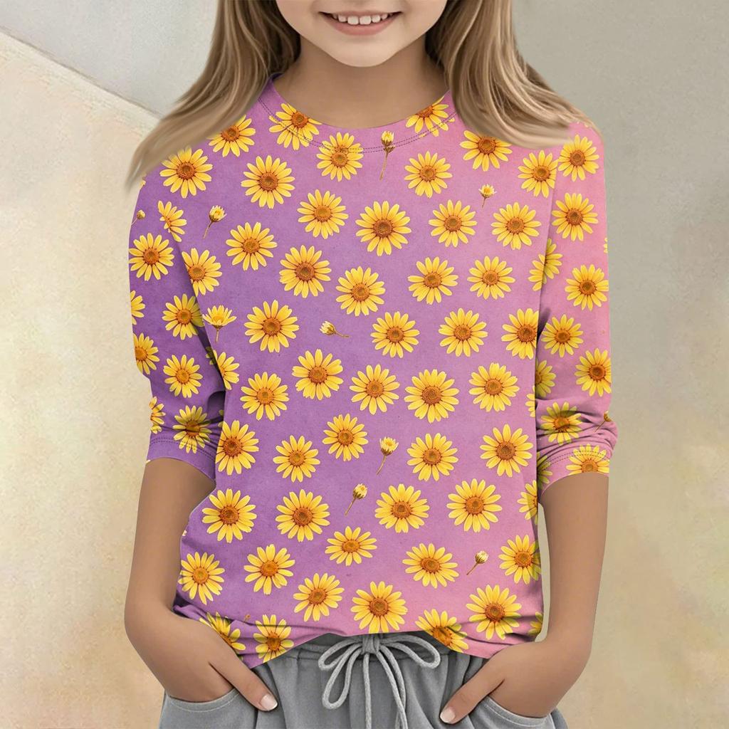 Girls Floral Print Crew Neck Three Quarter Sleeve Casual T Shirt Lightweight Soft Fabric Comfortable Fit Everyday Wear