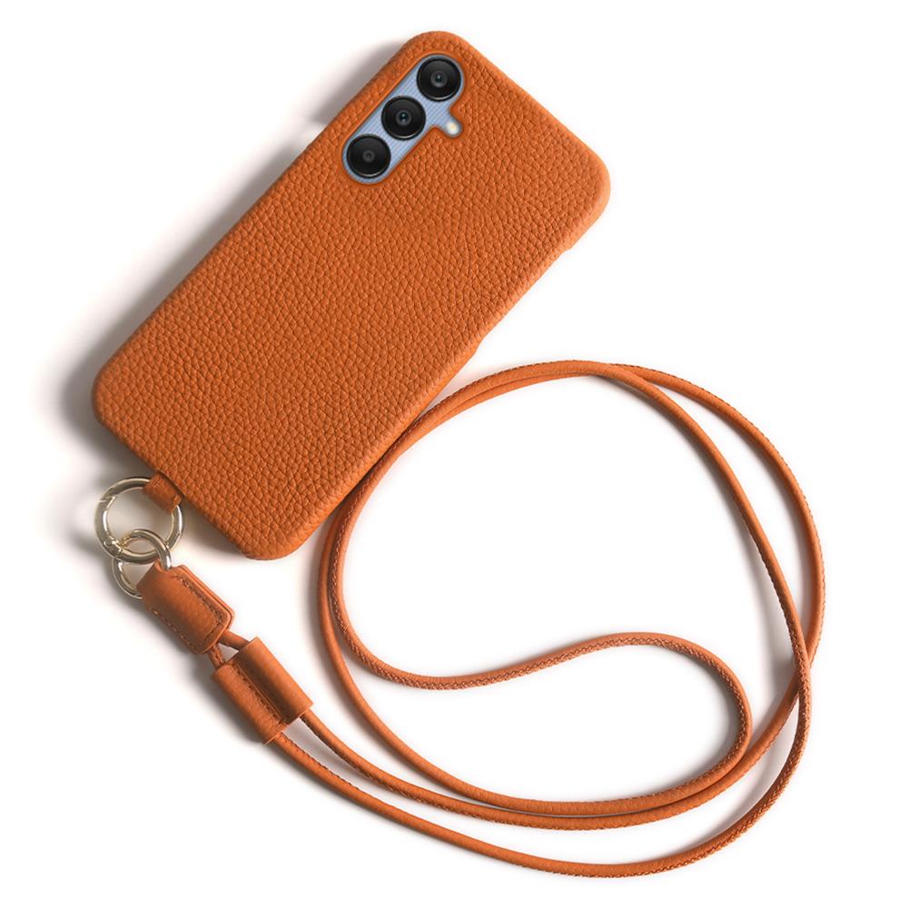 

For Samsung Galaxy A25 5G (Global) (161.0 x 76.5 x 8.3mm) Case with Lanyard Genuine Cow Leather PC Phone Back Cover Orange
