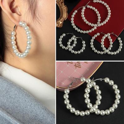 Women Fashion Wedding Engagement Pearl Hoop Earrings Round Shape Drop Dangle Ear Stud Elegant