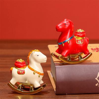 Resin Year of The Horse Zodiac Ornament Mini Auspicious Rocking Horse Desk Decoration with Blessing Word Horse Mascot Statue