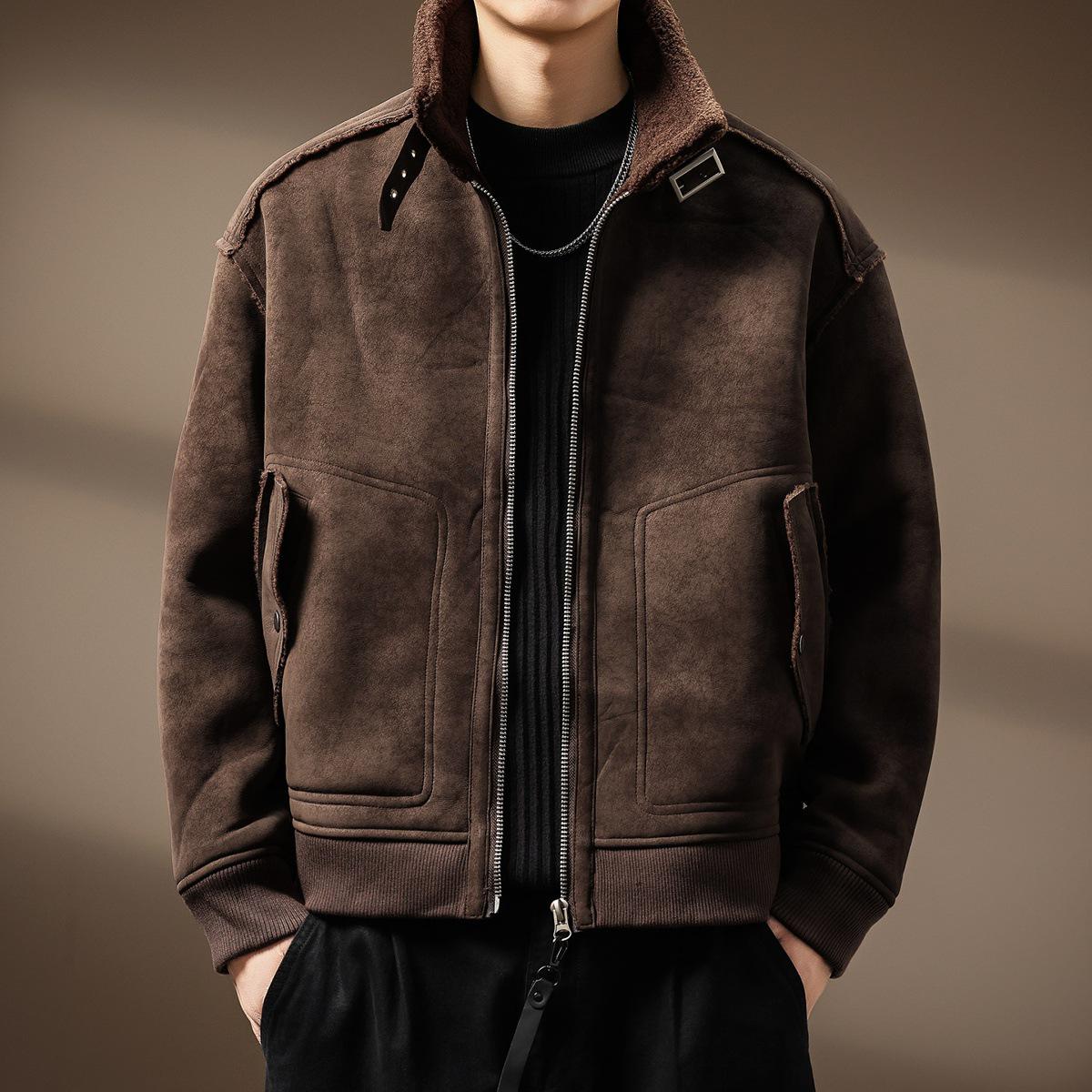 

Men s Retro Heavyweight Lambswool Cotton Motorcycle Jacket - Thick, Warm, and Loose-Fit Winter Outerwear L (135-150 jin) коричневий