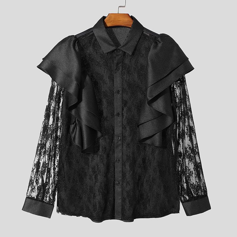 INCERUN Pánská trička s dlouhým rukávem a volánkem, krajkovým potiskem, ležérní patchworkové topy