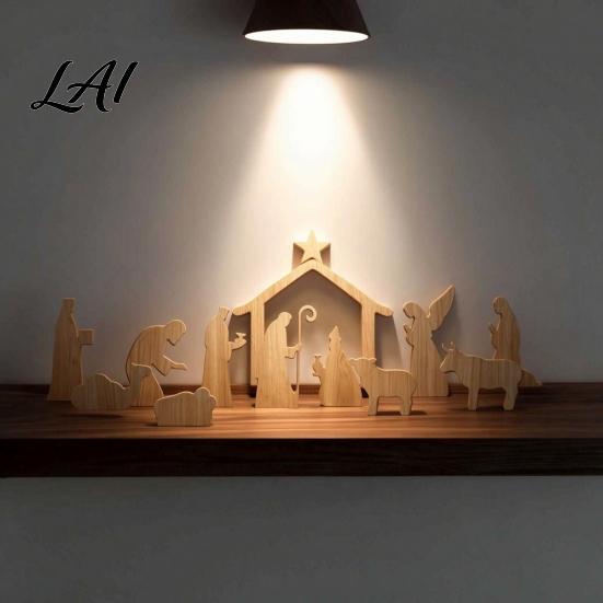 Christmas Story Display for Home 13Pcs Wooden Nativity Scene Set Mini Holy Family Figurines Durable Set Decoration Tabletop Manger Decorations
