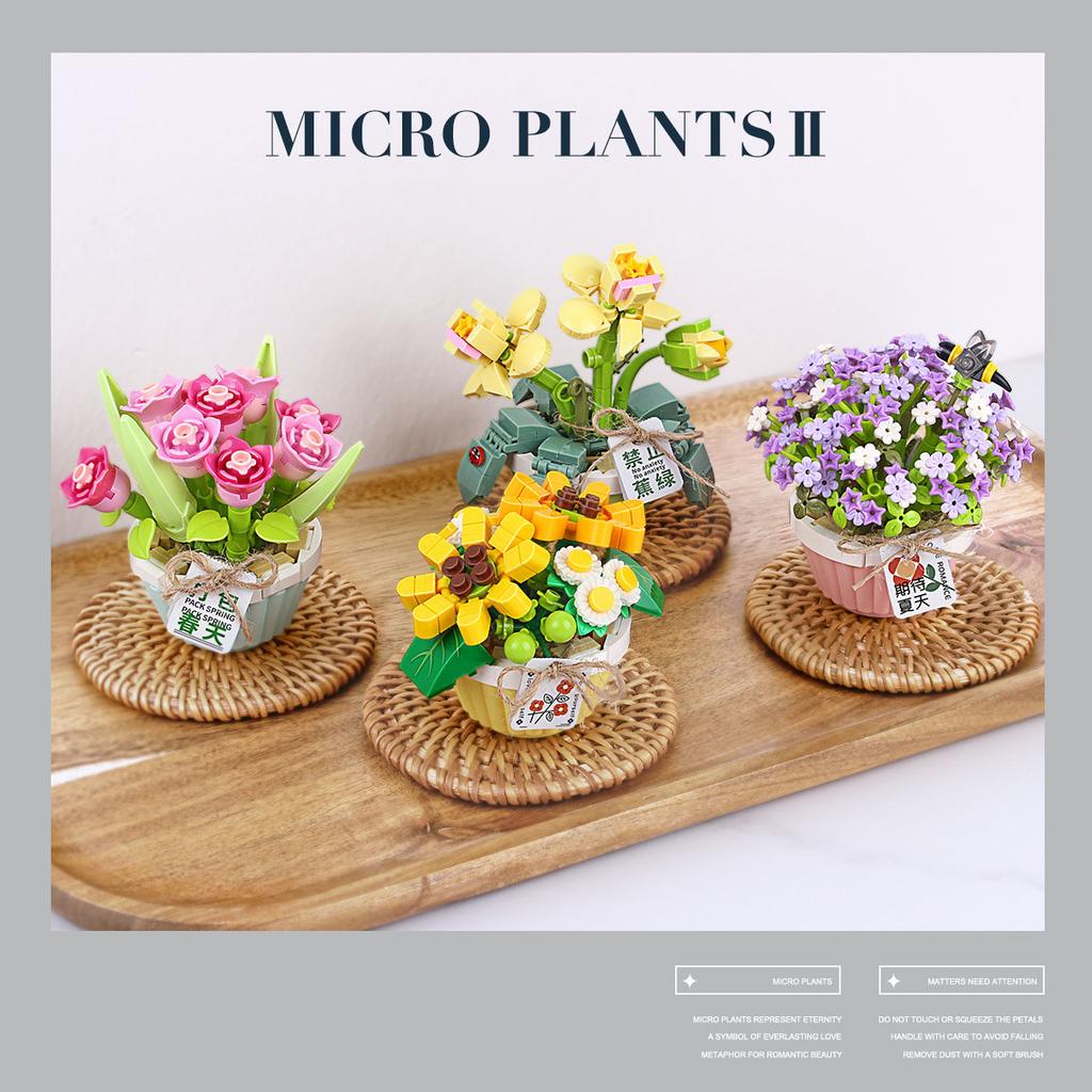 Office Desktop Decoration Mini Block Cartoon Spring Potted Plants Building Bricks Summer Flower Educational Toys For Girls Gifts