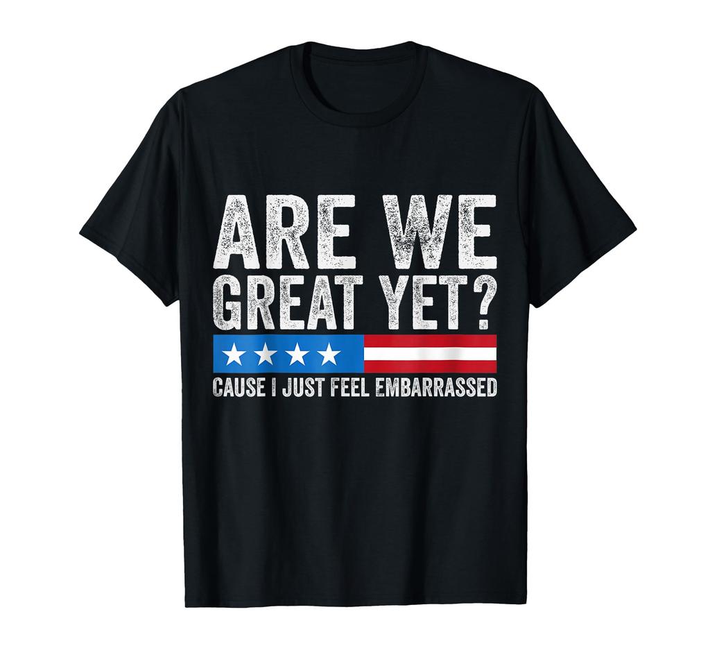 New Pure Cotton MensTShirt with Are We Great Yet American Flag Print for Casual Wear Graphic Tee Breathable and Comfort