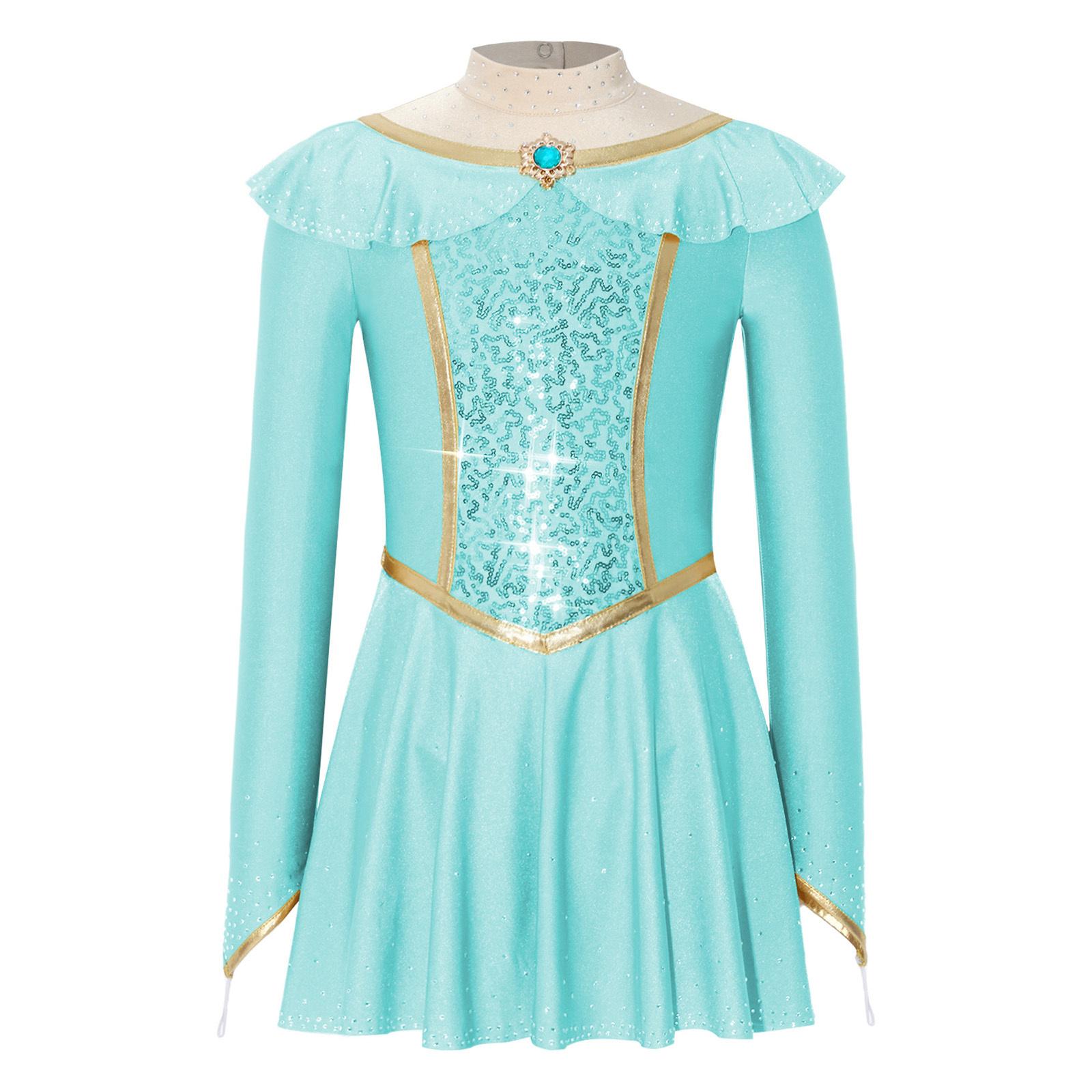 

Girls Sparkly Rhinestones Princess Costume Mock Neck Long Sleeve Back Cutout Built in Crotch Dress 9-10 Years зелений