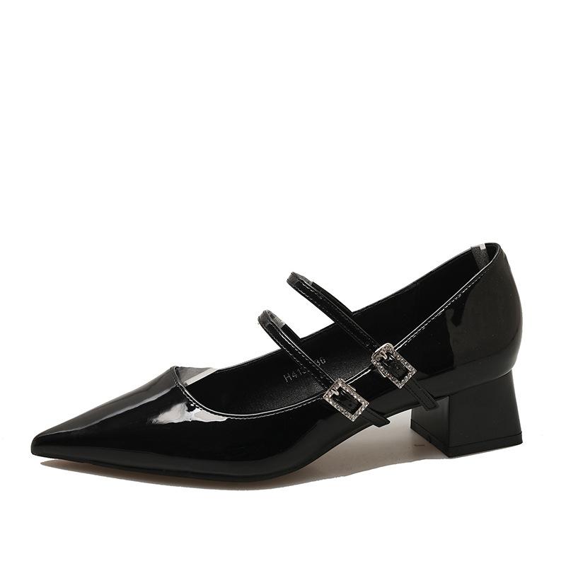 

Pointed thick-heeled shoes women s patent leather black rhinestones with Mary Jane shoes 2024 spring and autumn new soft leather high heels 35 чёрный