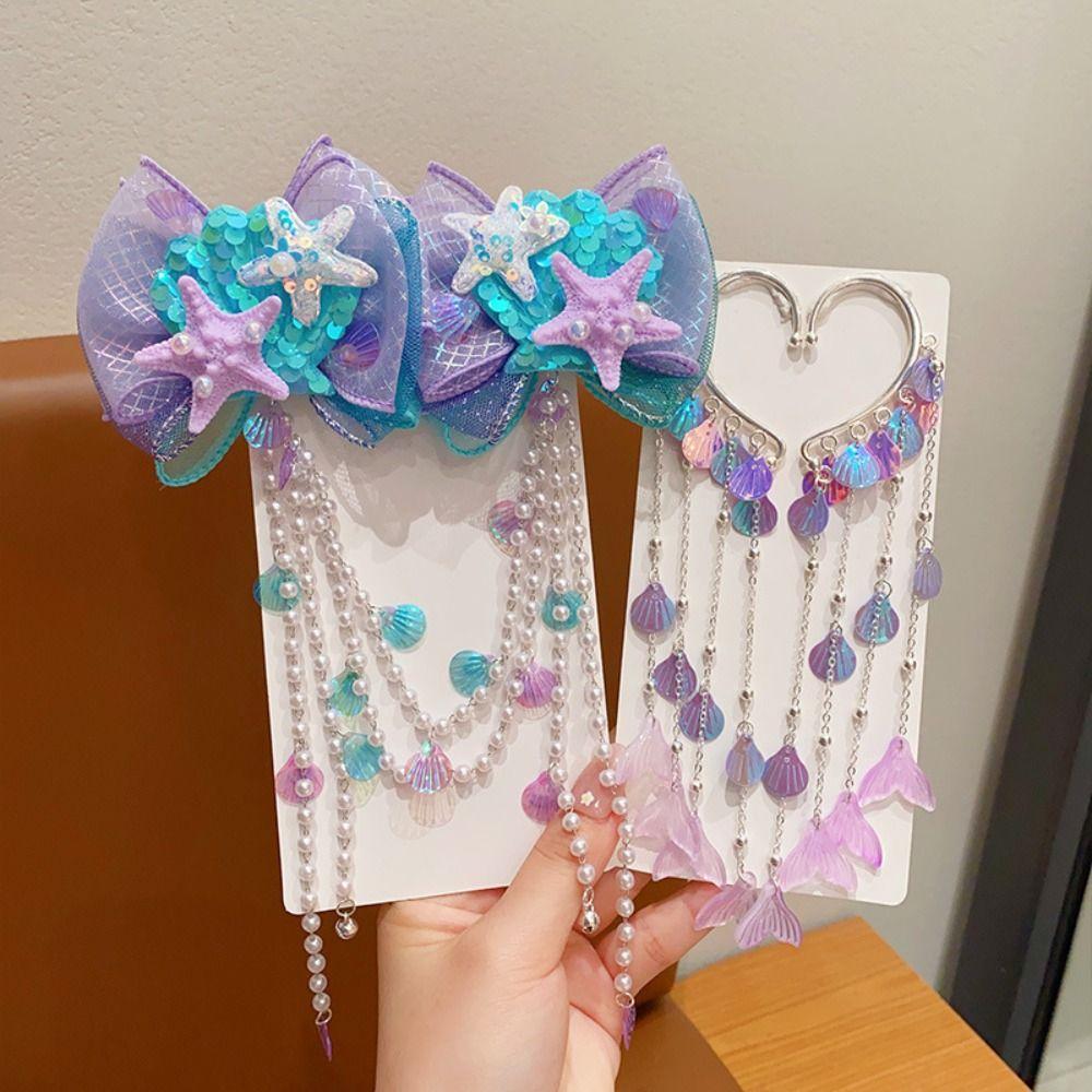 Mermaid Pearl Hair Clip Sweet Bow Accessories Fashion Tassel Forehead Chain  for Children