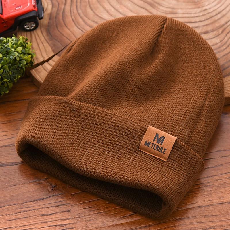 Outdoor Letter Leather Label Unisex Knitted Hat Women Custom Logo Cuffed Beanie Hats Men Winter Warm Cycling Skullies Ski Cap