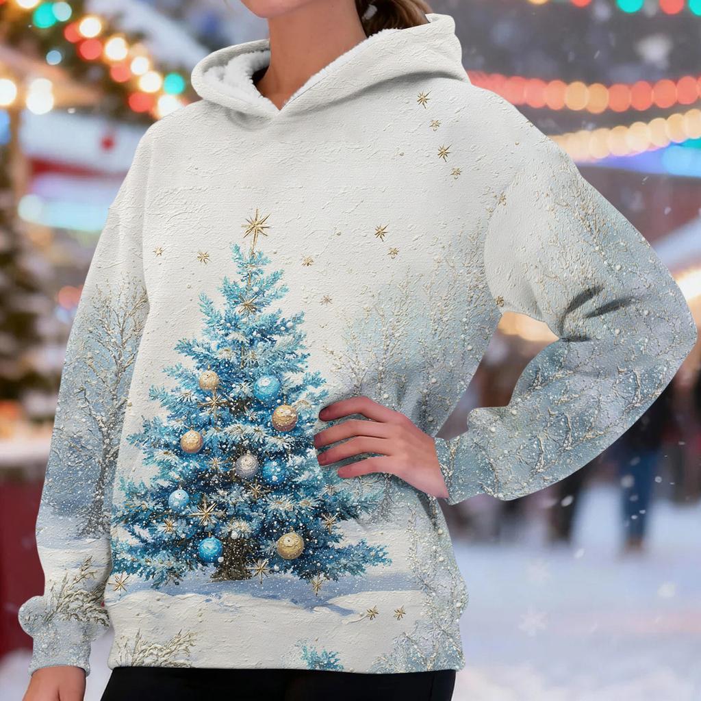 Women's Fashionable Casual Long-Sleeved Christmas Print Fleece-Lined Thick Hooded Sweatshirt