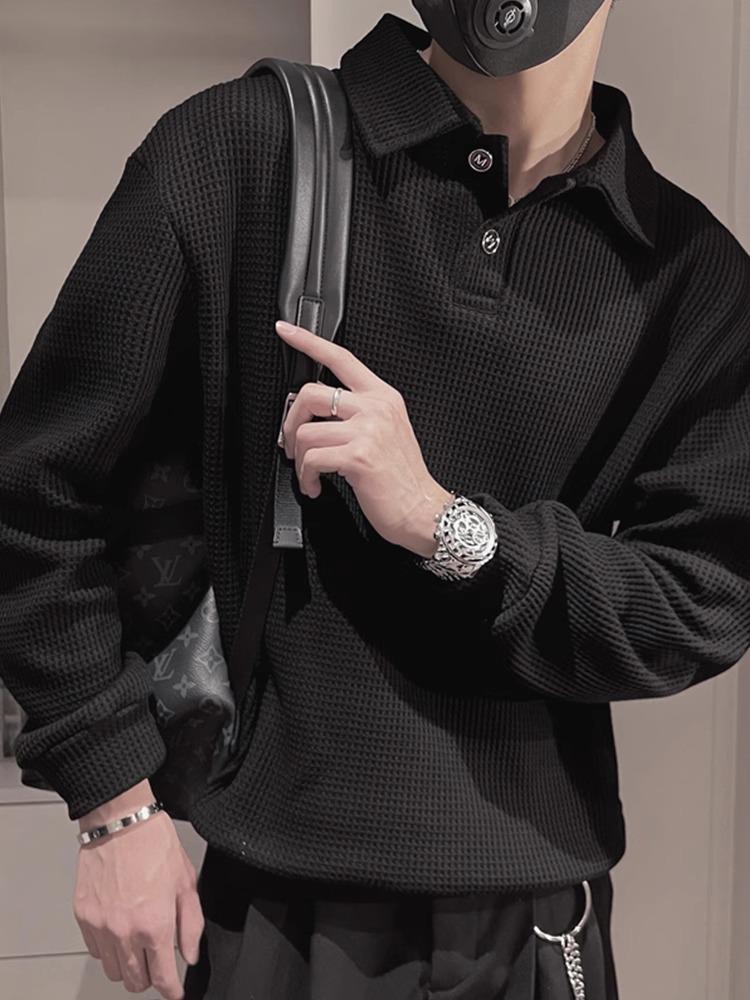 Men's White Oversized Waffle Polo - Autumn/Winter Heavyweight Turn-Down Collar Outerwear