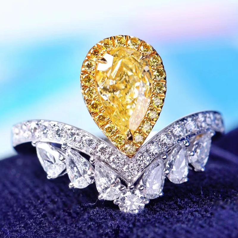 Luxury Water Drop Pear Shape Ascher Yellow Diamond Ring, Pt950 Platinum Plated Wedding Ring adjustable opening