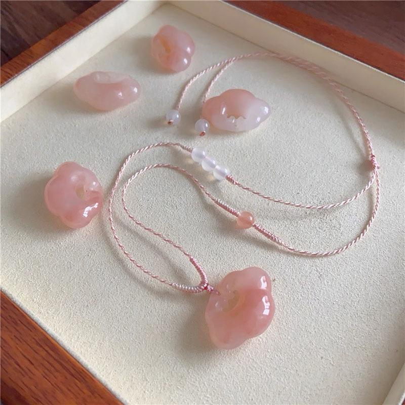 Golden Silk Jade Peach Blossom Pendant Necklace Charm - Auspicious Clouds Lock DIY Semi-finished Ornament Gift