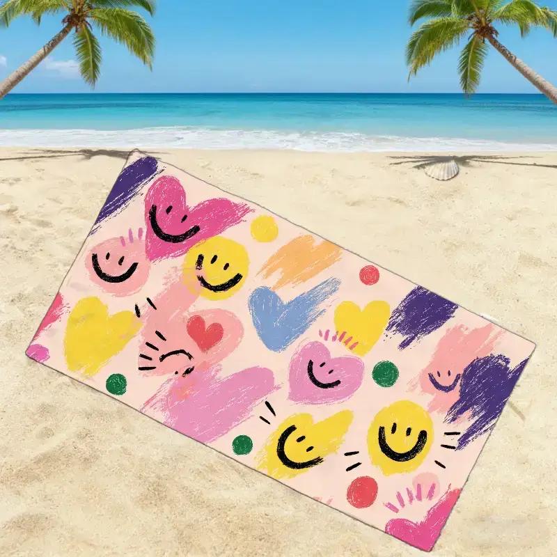 1pc of Mindful Painting Experience Theme Beach Towel, Smile Day Beach Towel, Soft, Absorbent, Quick-drying, Source of Happiness