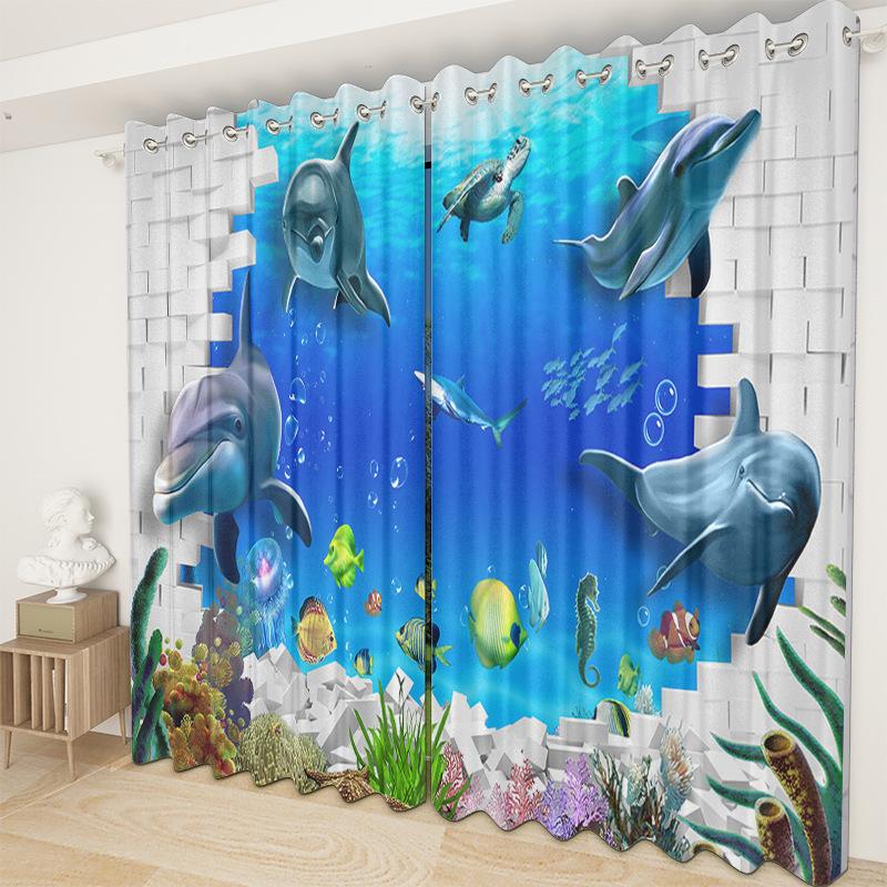 3D Ocean Curtain Fabric Bedroom Living Room Balcony Blackout Curtain Office Hotel Insulation Curtain