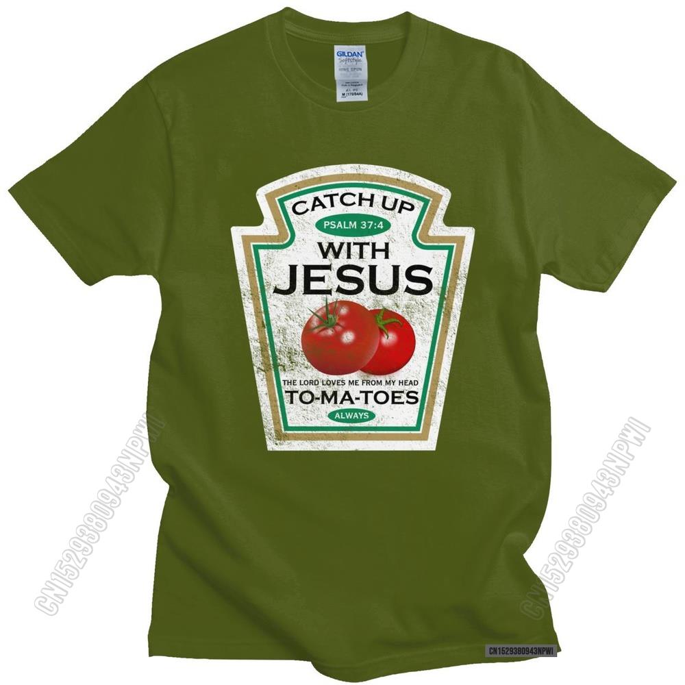 Lustiges Catch Up With Jesus T-Shirt Herren Vintage Vegan Tomaten T-Shirt Christliches Geschenk Veganismus O-Ausschnitt Baumwoll-T-Shirt Merchandise