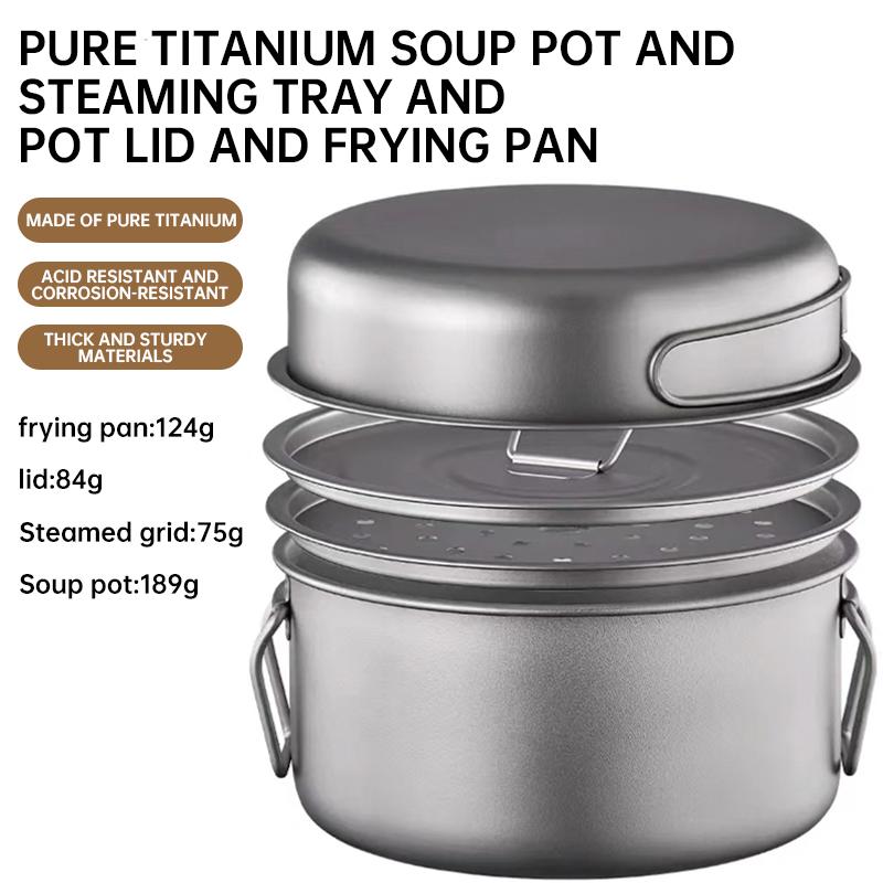 Garnek z czystego tytanu, Składany lekki garnek na wędrówki, Zestaw naczyń kempingowych, Przenośny zestaw garnka do zup i patelni na pikniki